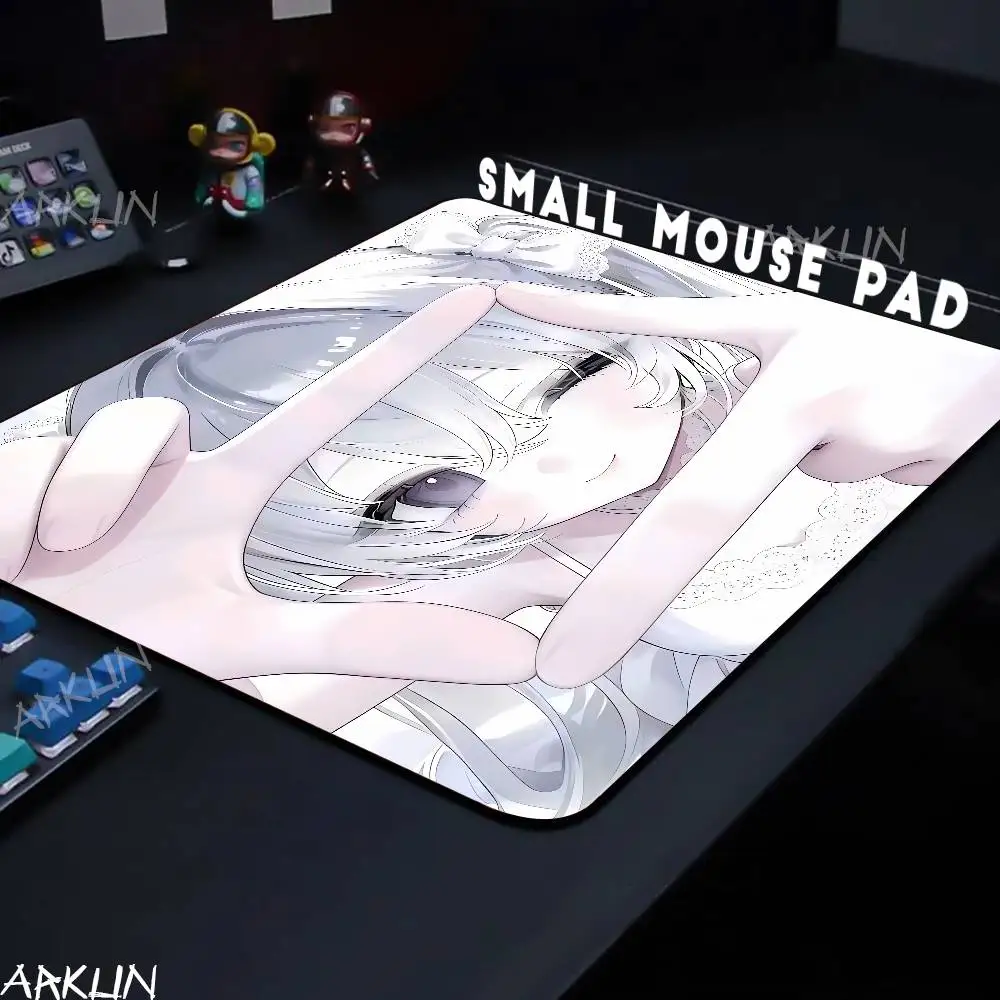 Kawaii Soft Pale Tone Kawaii Anime Maiden Small Desk Mousepad, Silver Twin Tail Girl With Lace Bow Winking Cartoon Mat