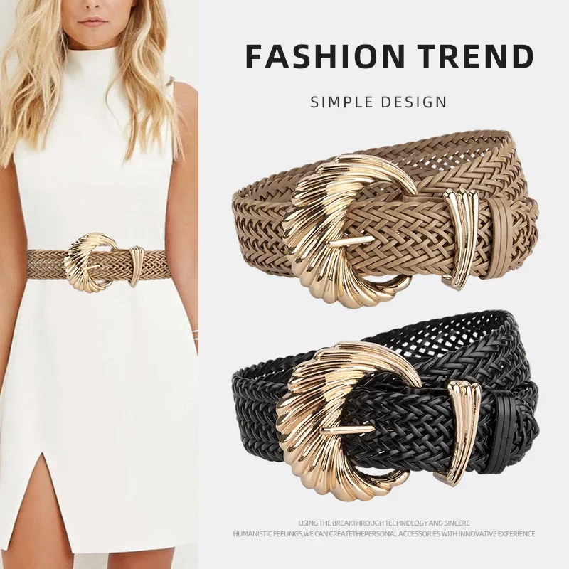 

Новый модный женский тканый широкий ремень с золотой пряжкой, женские богемные плетеные поясные ремни, летний повседневный декоративный пояс