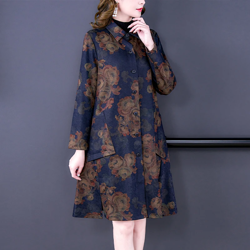 

2025 Print Long Sleeve Loose Waist Warm Coats Women Korean Vintage Elegant Luxury Trench Autumn Winter Elegant Casual Jackets