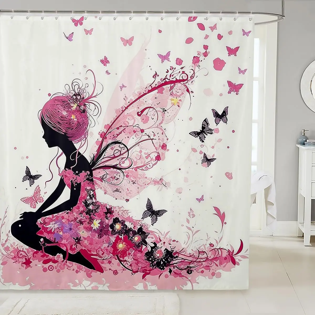 

Розовая занавеска для душа с волшебными бабочками, романтический декор для ванной комнаты, лен, 180x230 см