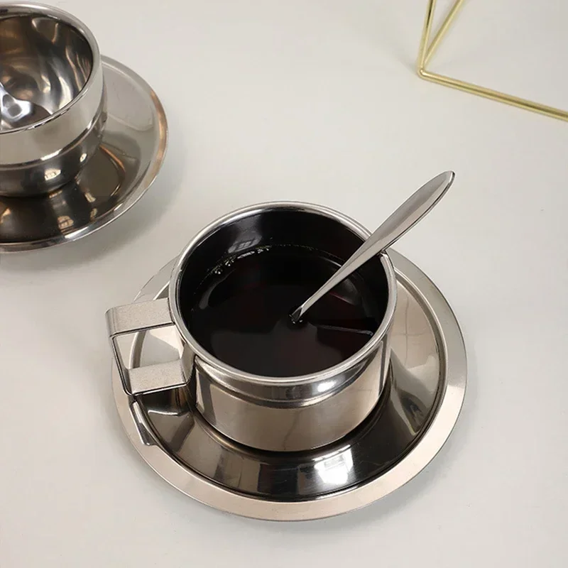 Stainless Steel Coffee Cups Set Pull Flower Cafe Mug Tea Milk Saucer Mat Spoon Double-walled Espresso Coffee Glasses Accessories