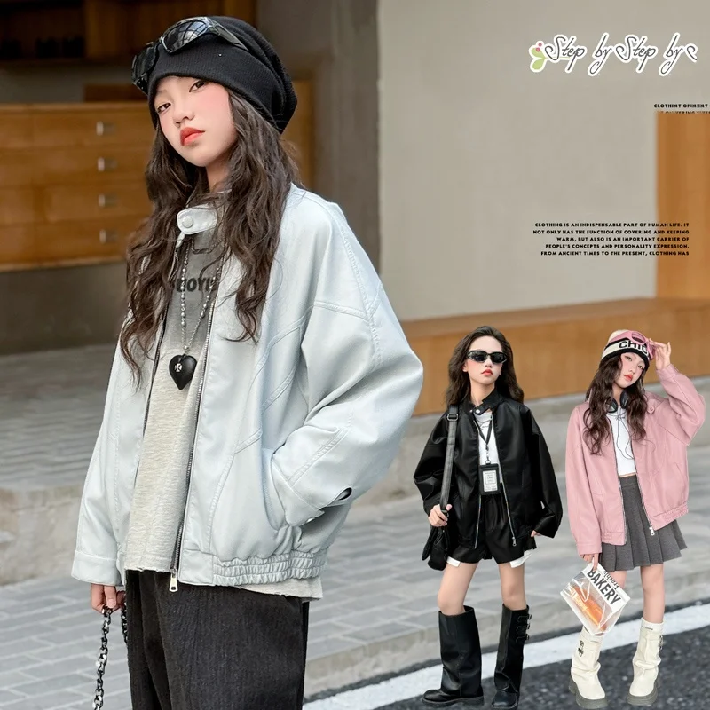 

New Spring Autumn Kid PU Leather Jacket Ages 4-14Y Girl Casual Fashion Coat Tween Girl Vintage Outwear Child Korean Style Jacket