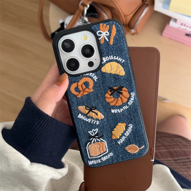 Korean Cute Embroidery Croissant Pretzel Bread Denim Phone Case For iPhone 16 15 14 13 Pro Max Stylish Lovely Protect Back Cover