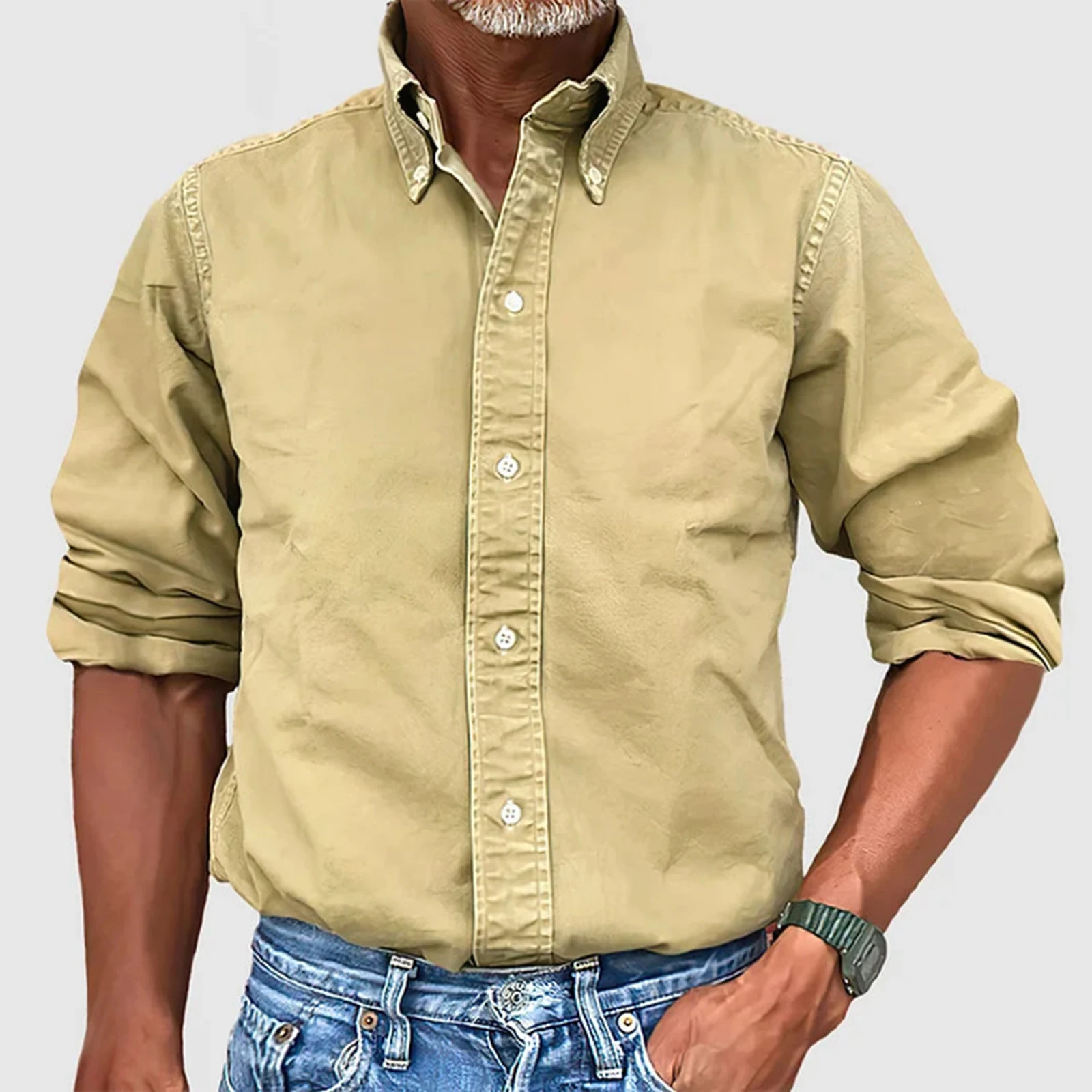 

Classic Men's Spring Autumn T Shirt Long Sleeve Turn Down Collar Button Up Solid Color Shirts Basic