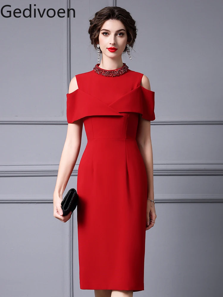 

Gedivoen Fashion Runway Dress Summer Women's Dress V-neck Patchwork High Waisted Formal Occasion Clothing