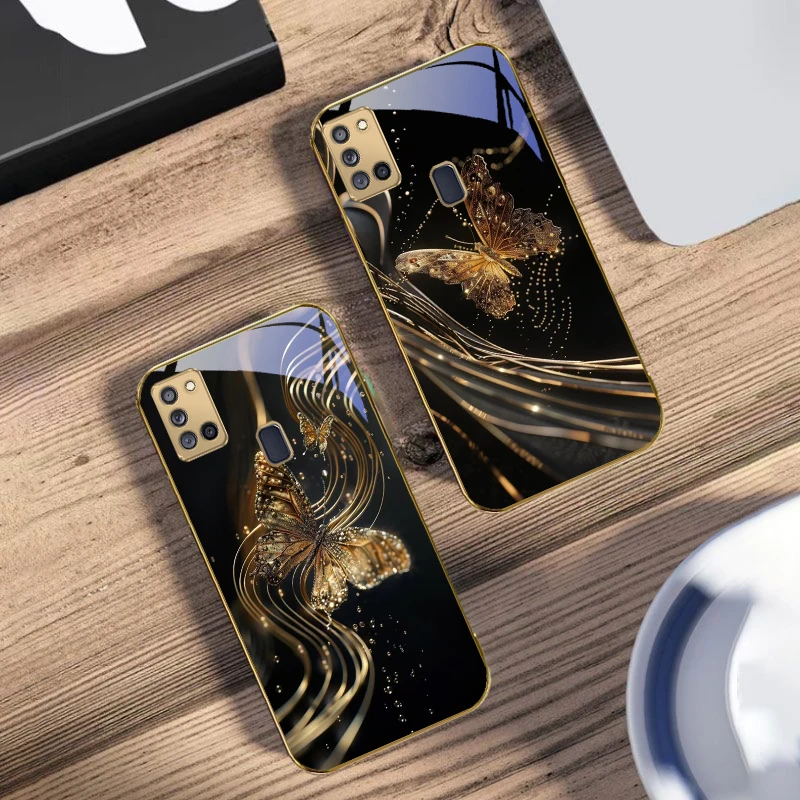 الفراشة الذهبية لسامسونج A 31 32 A33 A34 35 14 A15 13 16 25 26 50 52 53 54 55 56 70 71 72 73 حافظة هاتف زجاجية ذهبية