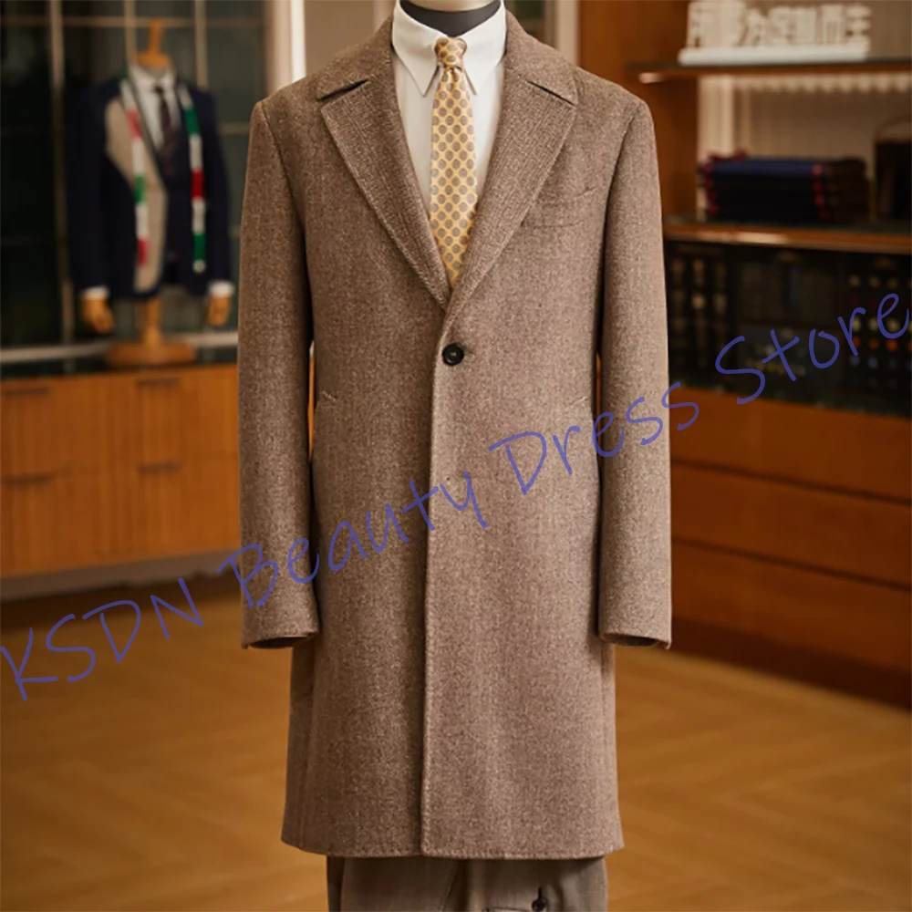 

Мужской коричневый костюм с узором «елочка», комплект из 2 предметов, пальто + брюки, повседневная официальная длинная куртка в стиле ретро, осенне-зимняя модная одежда для джентльмена