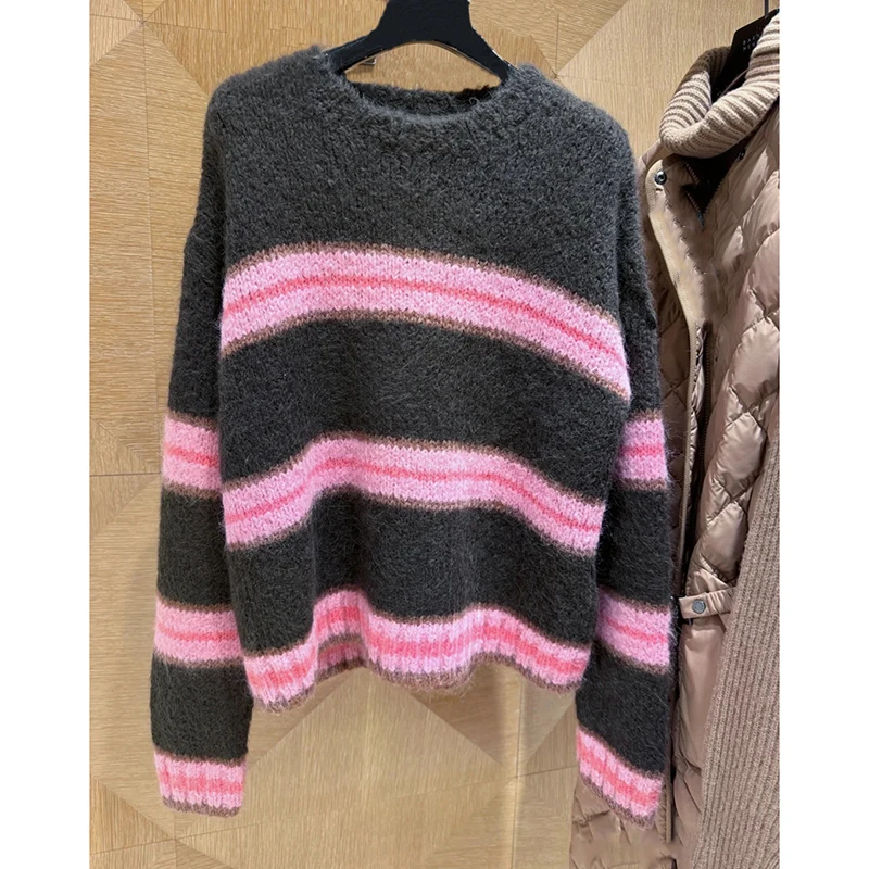 

Высококачественный женский повседневный трикотаж в полоску, свитер с базовым слоем, корейский свободный крой, длинный све, круглый трикотажный топ