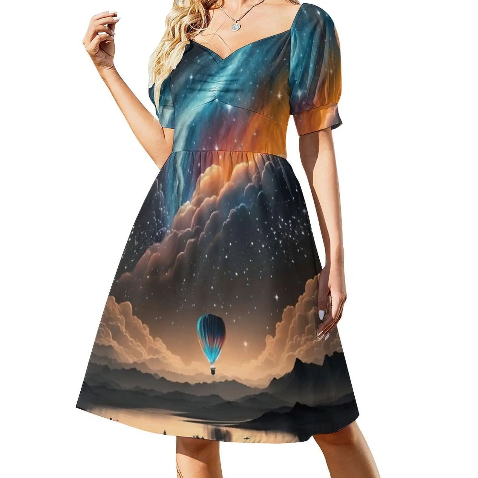 منطاد الهواء الساخن الفن العائمة فوق بحيرة مضاءة النجوم البوهيمي فستان بلا أكمام متعدد الطباعة شاطئ عطلة فستان الحفلات منطاد الهواء الساخن #2