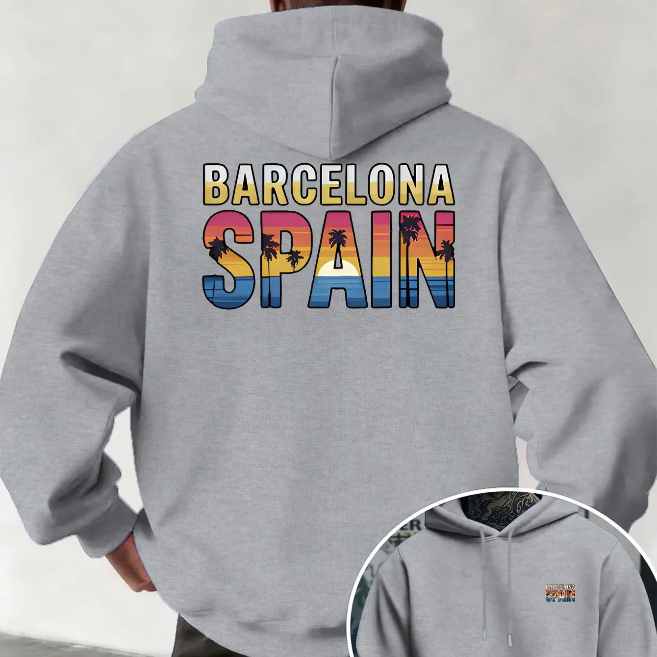Front‑Back Barcelona Spain Sunset Palm Tree Gradient Letter Graphic Print Black Oversized Unisex Fleece Drawstring Hoodie