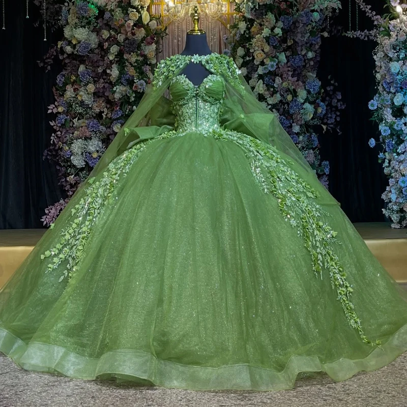 

Green Shiny Princess Sweet 16 Quinceanera Dresses Off The Shoulder Sequin Applique Beading Bow Tull With Cape Party Birthday Ves