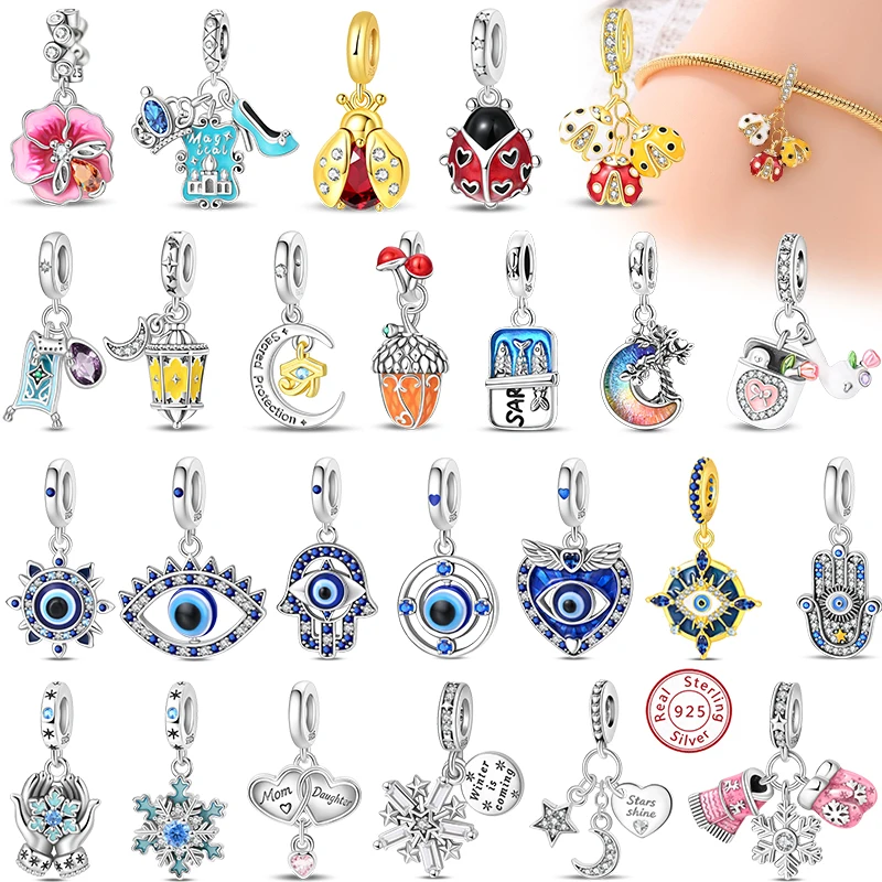 925 Sterling Silver Ladybug Pink Flower Devil's Eye Snowflake Charm Pendant Fit Original Bracelet DIY Women Fine Jewelry Gifts