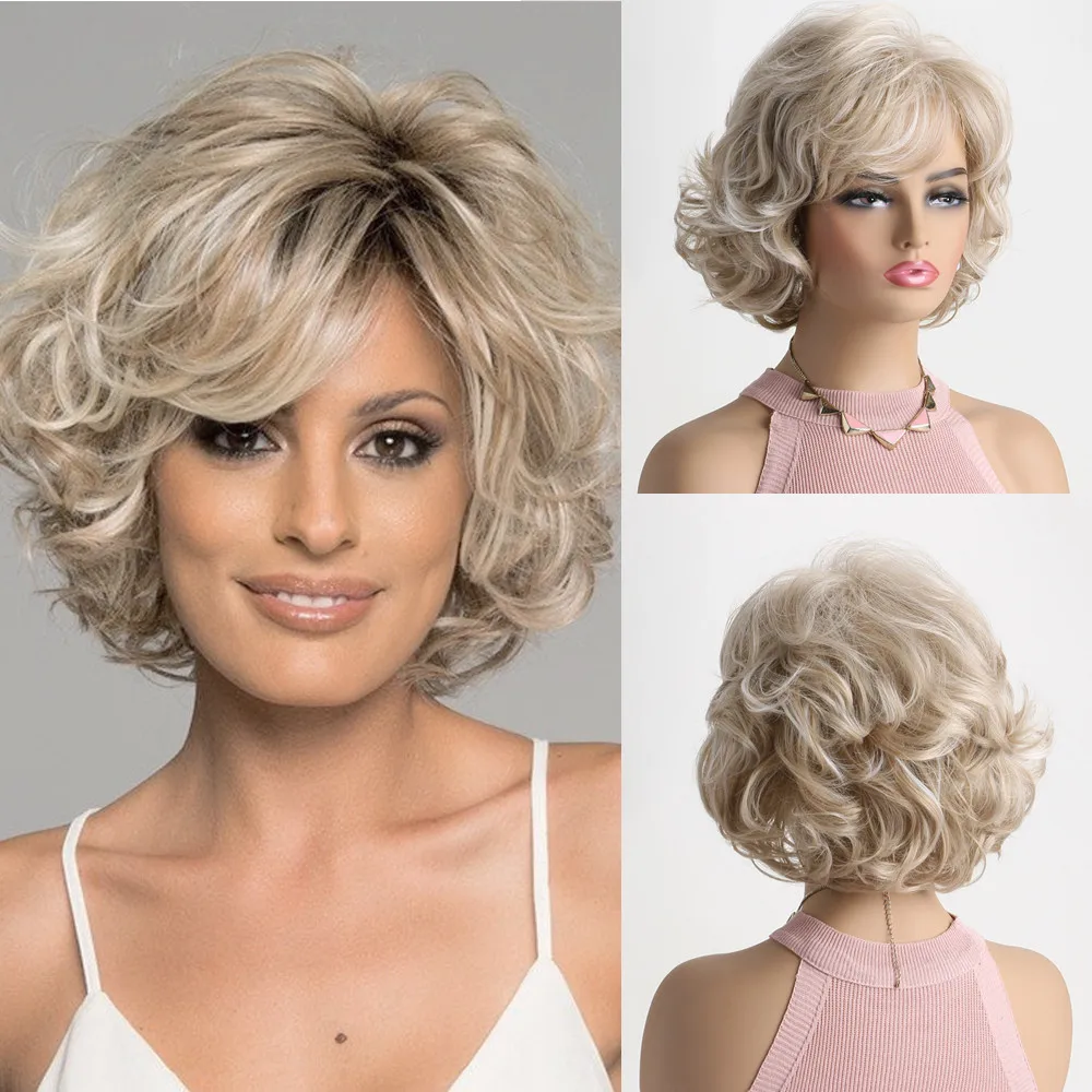 OUCEY High Quality Synthetic Wigs Highlight Blonde Wig With Bangs Curly Wigs for Women Short Curly Woman Wigs on Sale Clearance