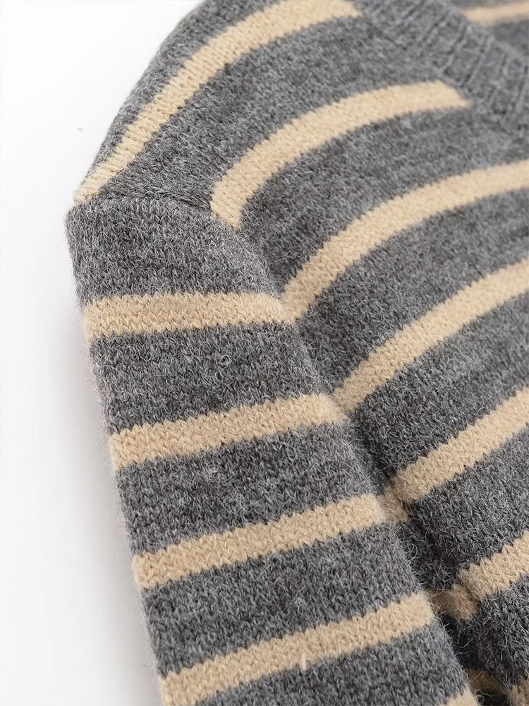 European style new women's fashion versatile temperament striped round neck knitted cardigan sweater jacket