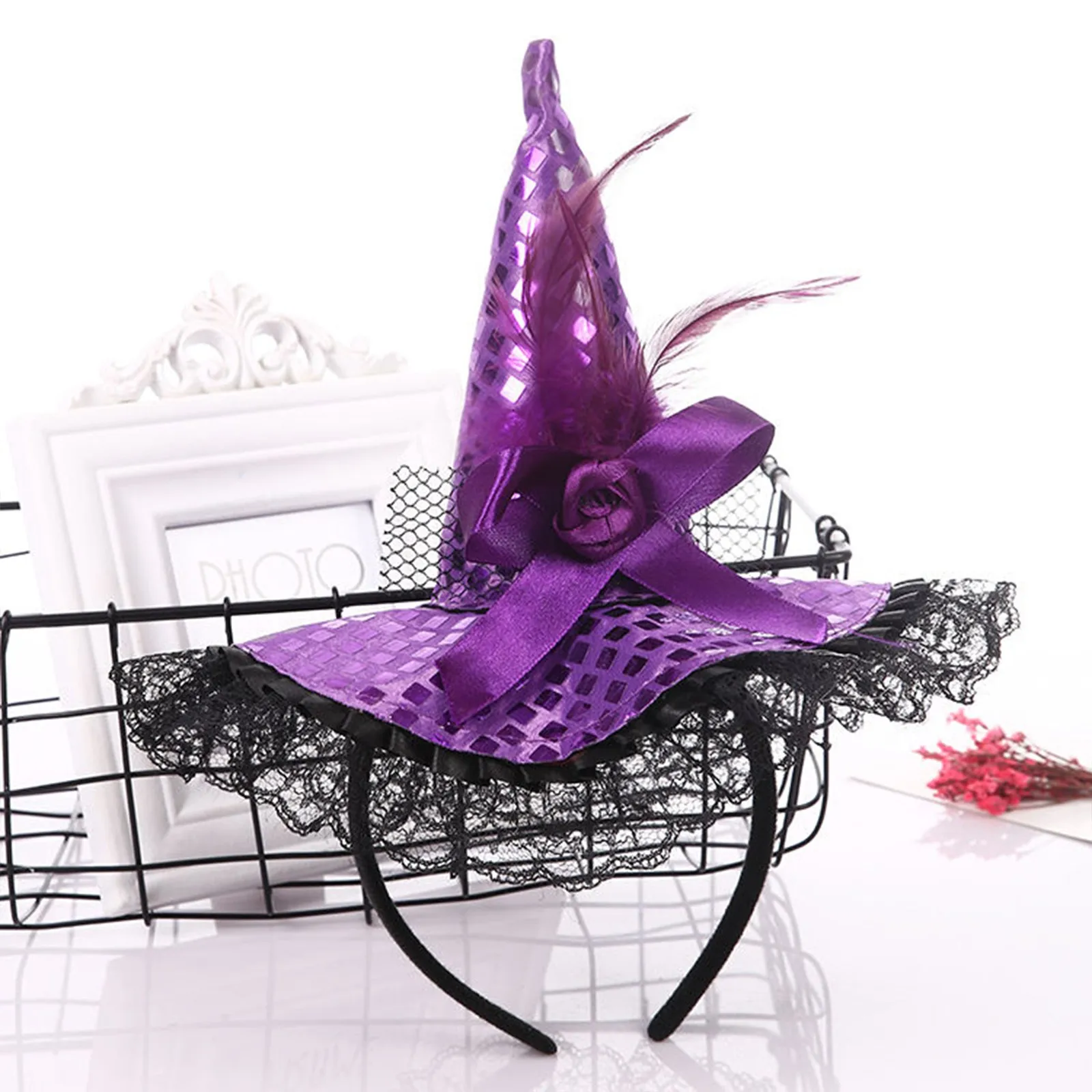 Ladies Halloween Witch Hat Lace Lace Sequins Butterfly Stereoscopic Headband Fashion Party Dance Performance Hair Accessories