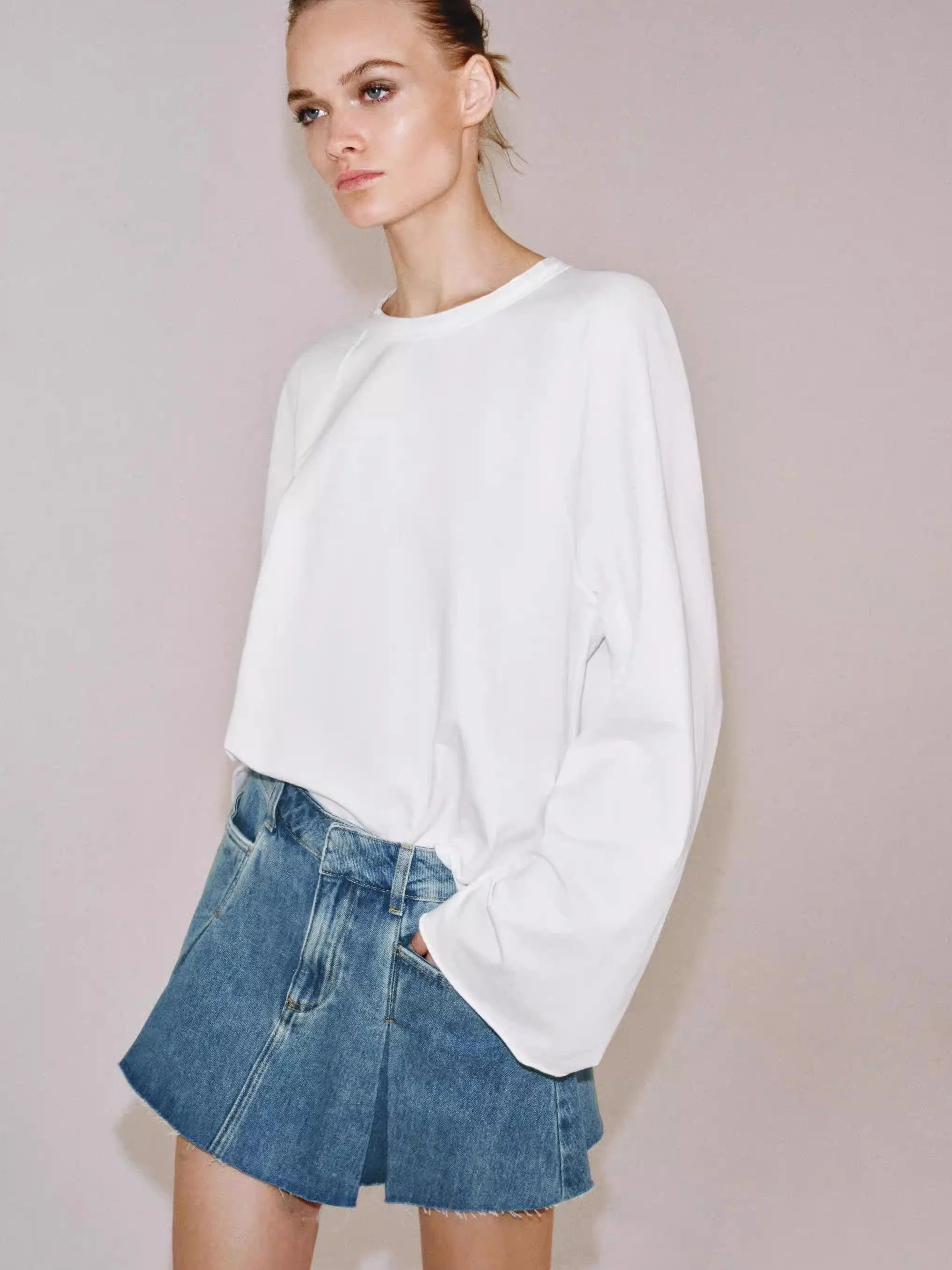 Fashionable Retro Mid-Waist Wide Pleat Denim Skirt New Arrival Women's Clothing Summer 2026 Ethnic Stage Costume