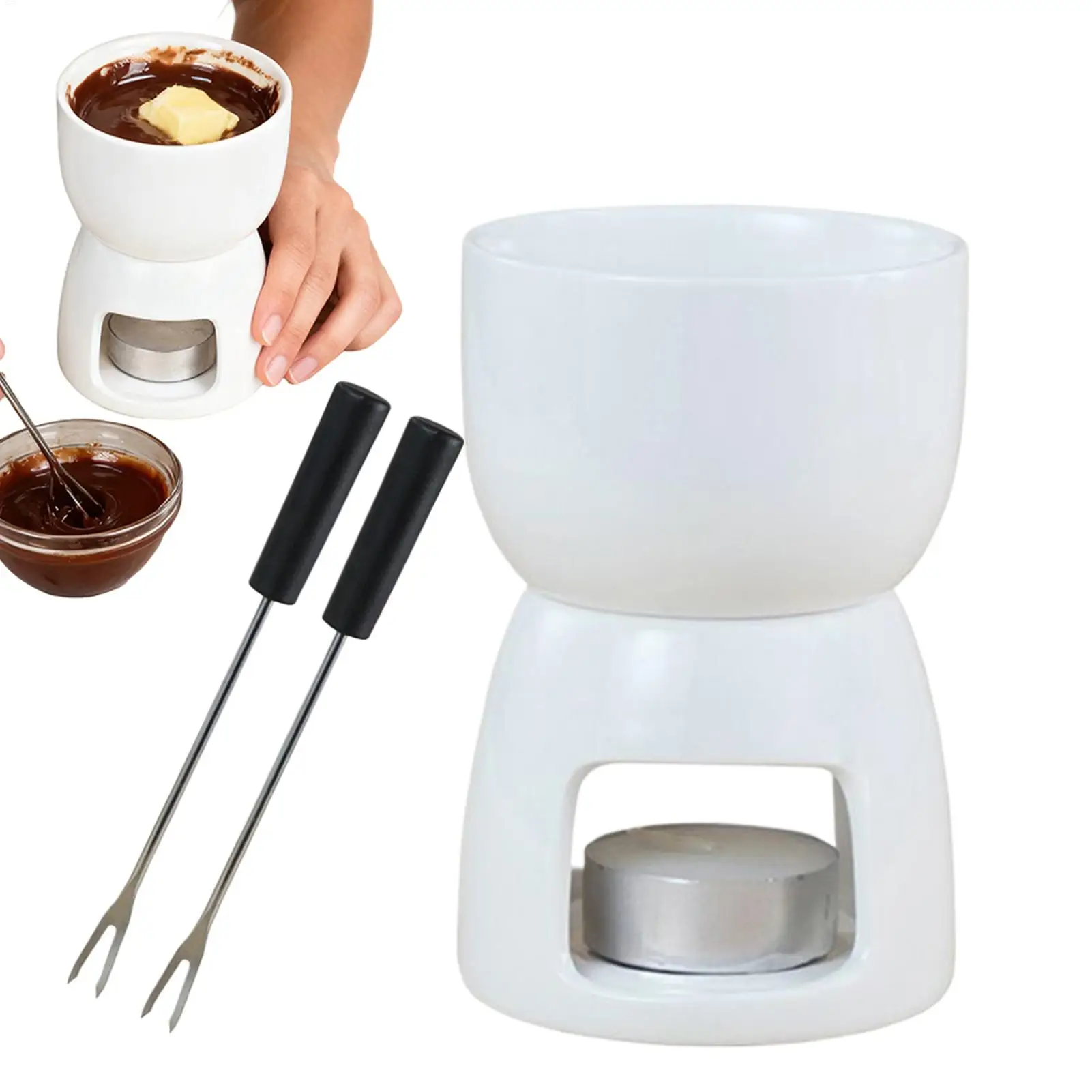 Juego de Fondue de cerámica de 150ml con 2 tenedores, crisol de Chocolate, calentador de mantequilla y queso, salsa de inmersión, postre, regalo romántico para fiesta