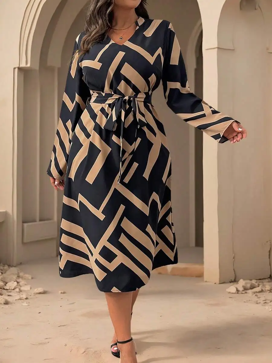 

Geometric Print Long Sleeve Wrap Dress For Women Elegant Autumn Winter Midi Dress