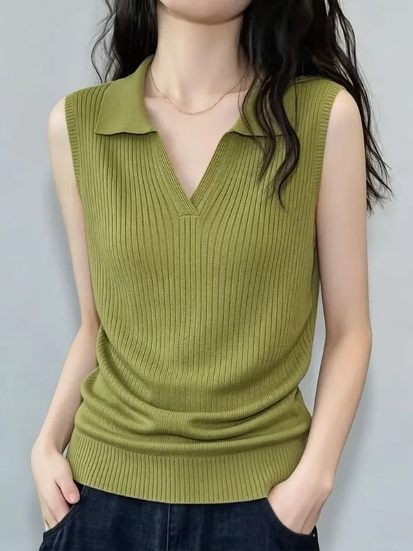 

plus Size Casual Versatile Shirt Knitted Vest Summer Outdoor Wear V-Neck Base Layer Women's Clothing Breathable Comfortable