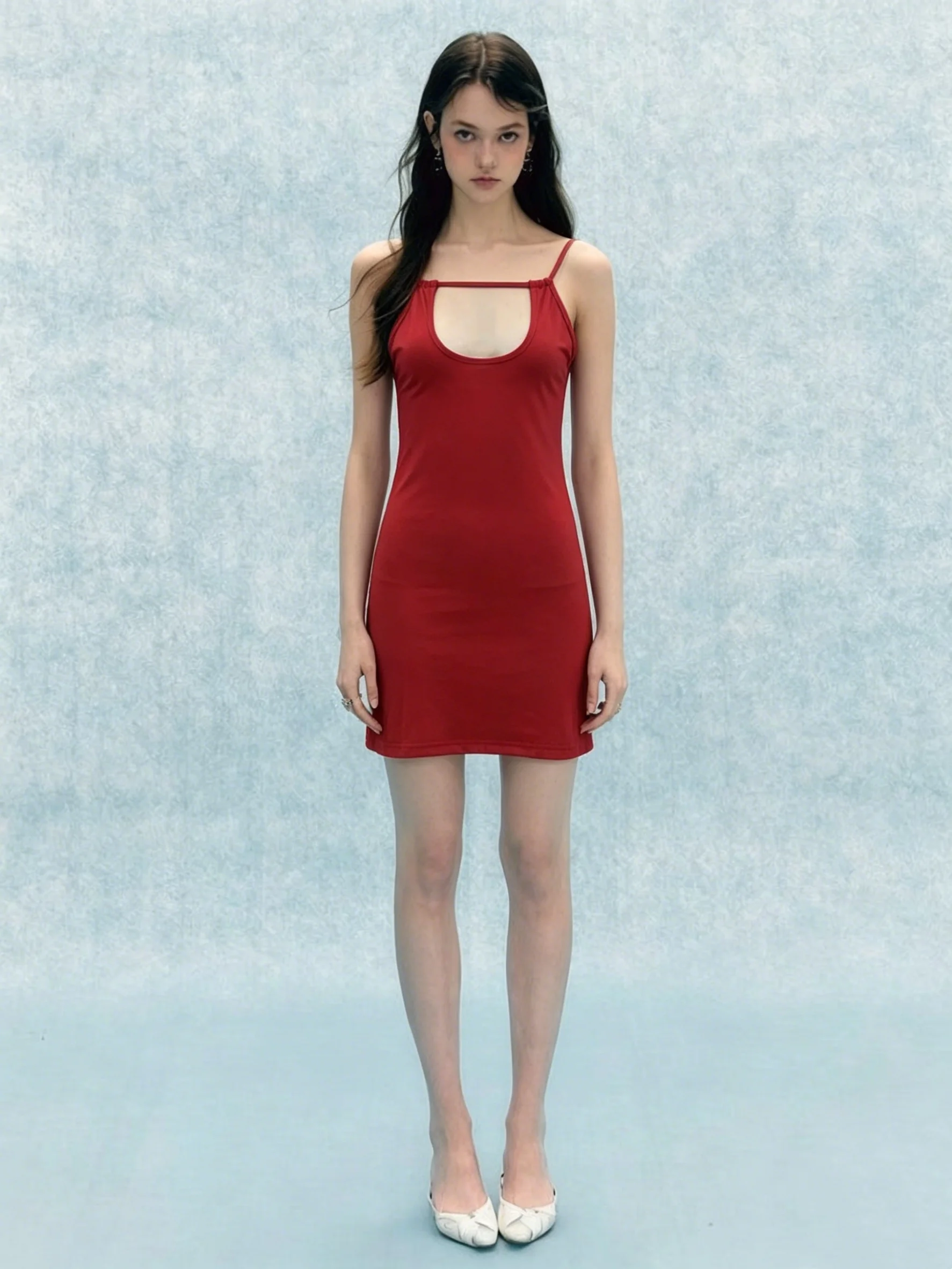 Vintage Red Open Back U Hollow Spaghetti Strap Skirt Solid Elastic Slim Mini Club Dress