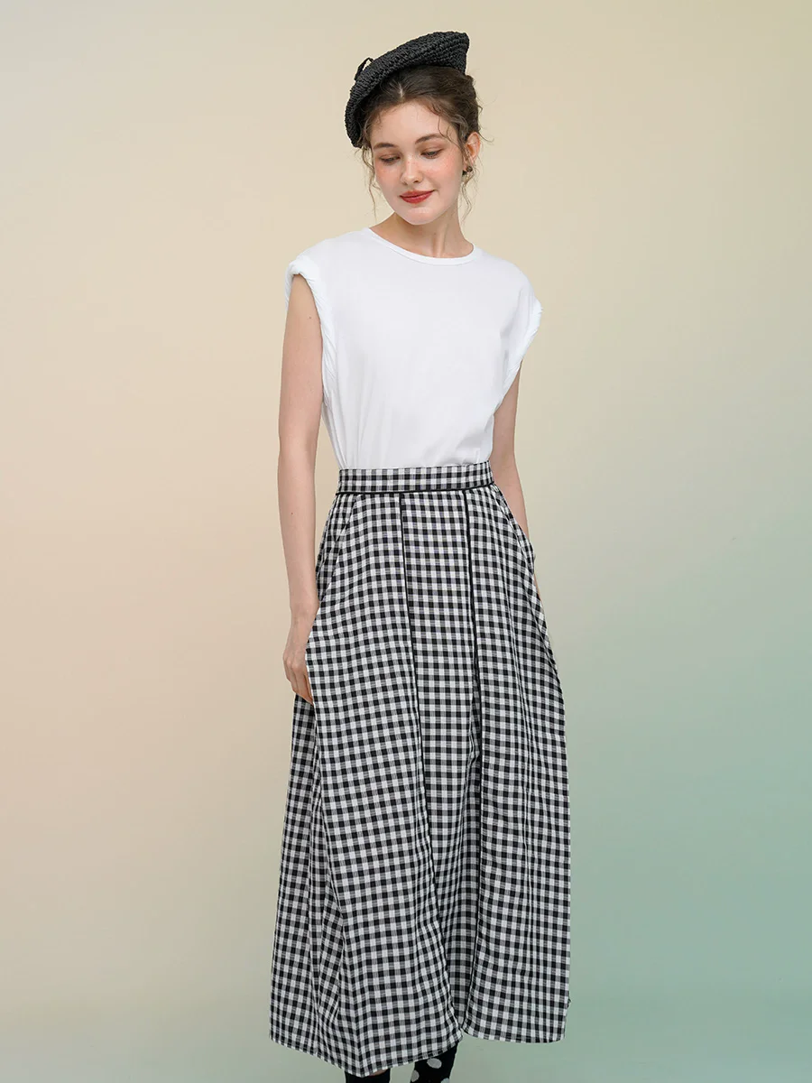 Spring Autumn Original Design Women Vintage Checked Asymmetrical Skirts