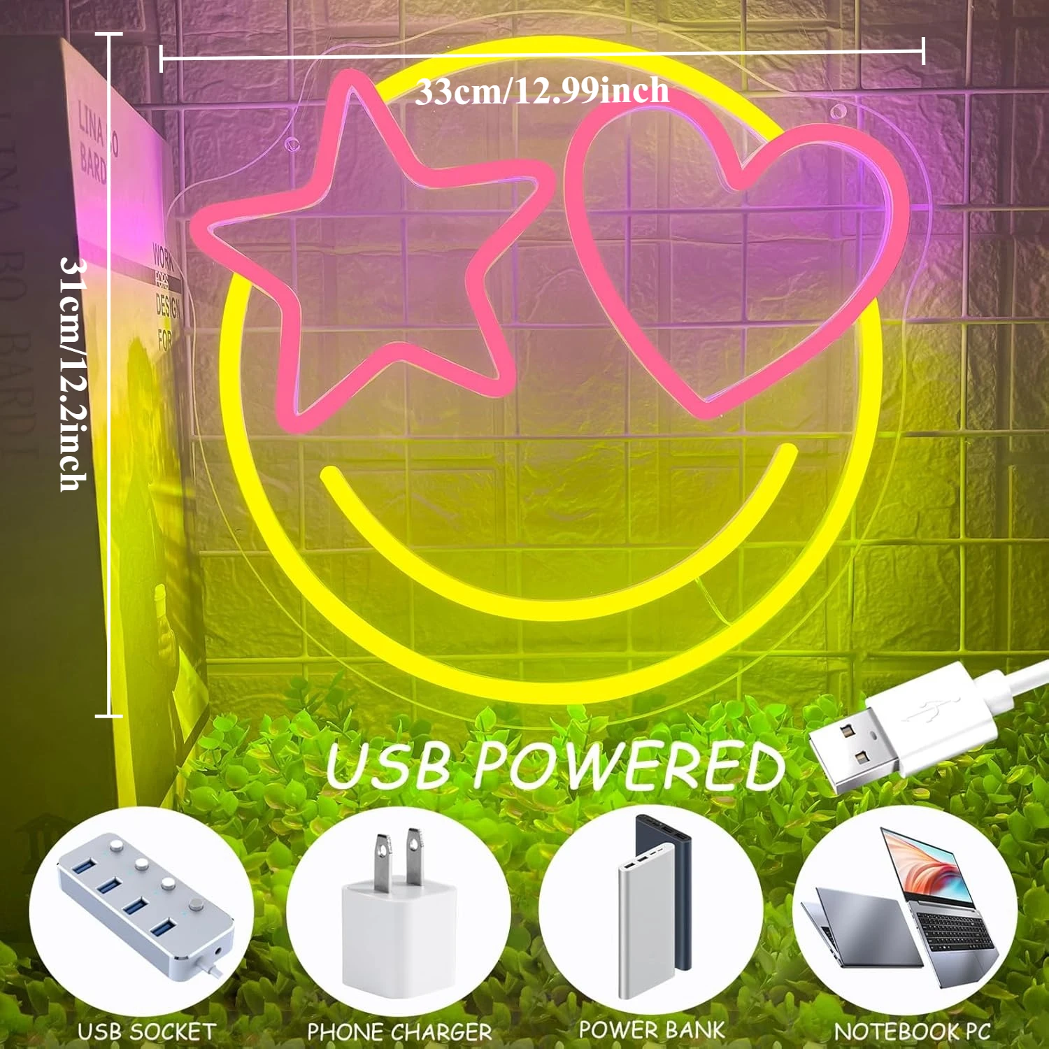 Smile Face Neon Sign Dimmable USB Happy Face Neon Light for Gaming Room Bedroom Birthday Party Wedding Bar Man Cave Club Decor