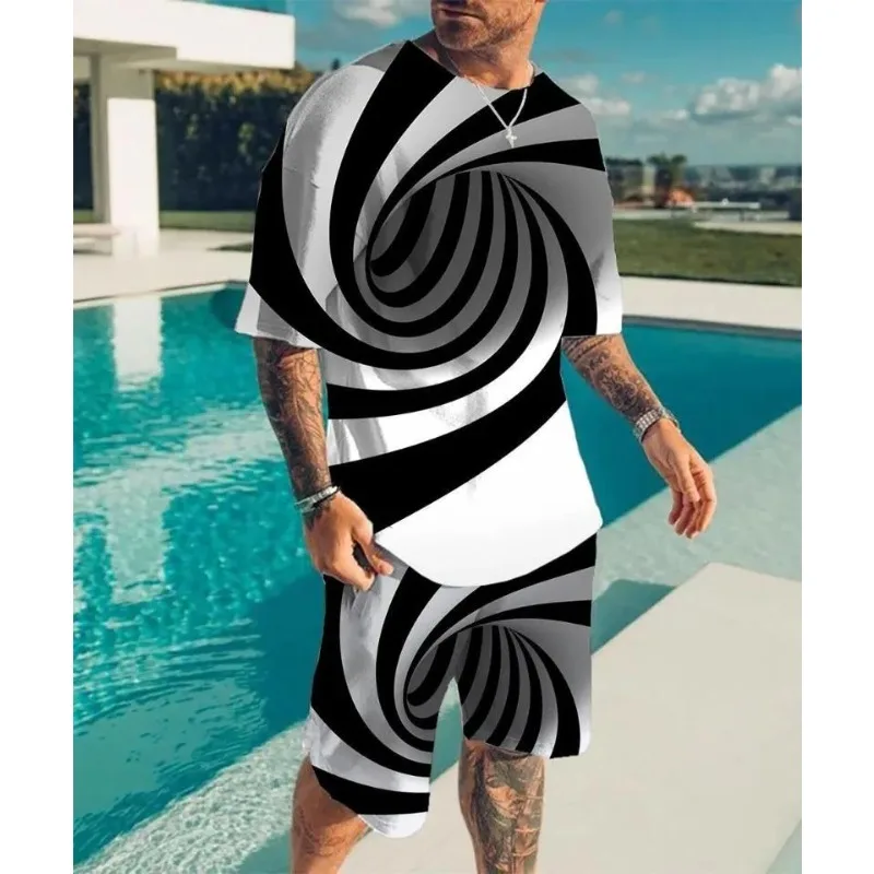 

Новинка 2023 года, мужская футболка с 3D принтом и оптической иллюзией, комплект из 2 предметов, модная мужская летняя футболка, комплект с круглым вырезом
