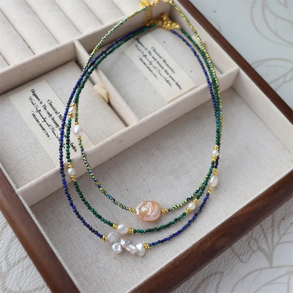 

Classic Natural Lapis Lazuli Malachite Freshwater Petal Pearl Necklace Thin Stacked Clavicle Chain Design Jewelry Accessory
