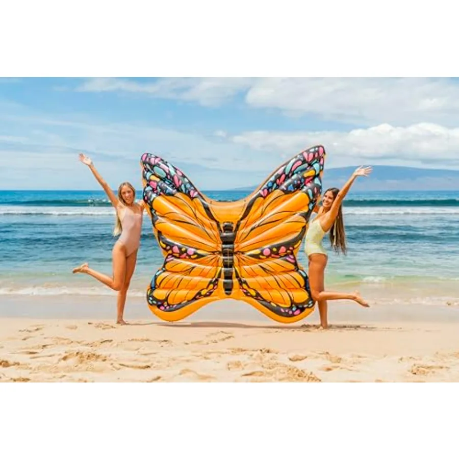 

Oversized two person raft for summer pool lounge use, heavy-duty PVC material, monarch butterfly design in orange and black, ex