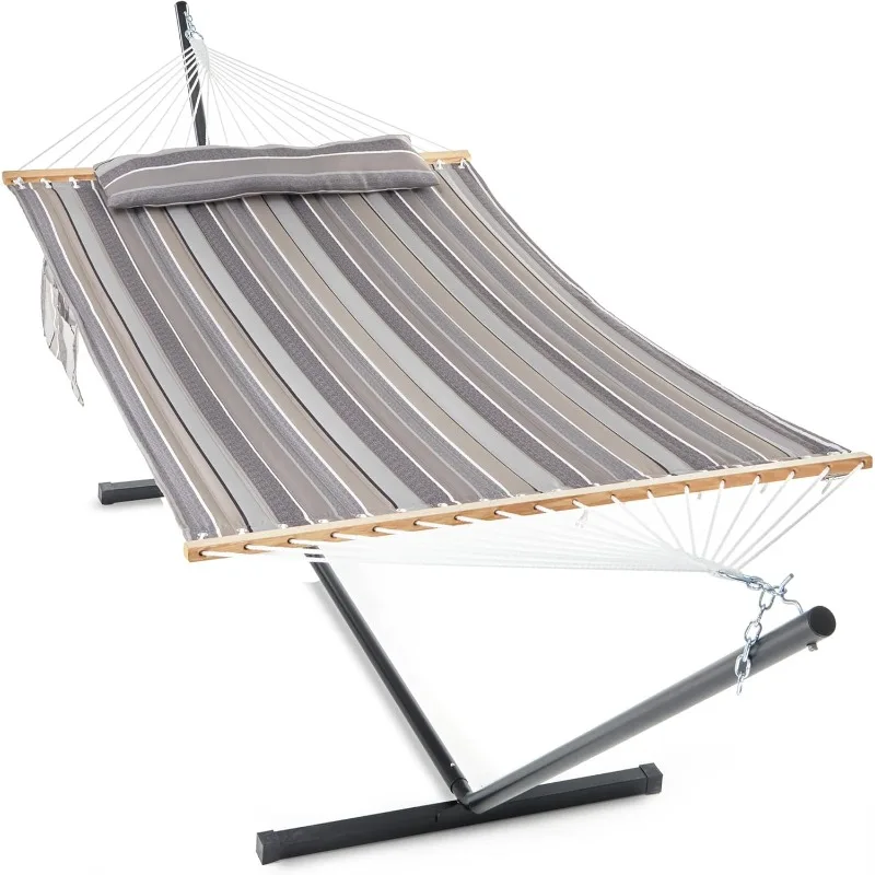 

Double quilted hammock, oversized removable pillow, side pockets, can be used indoors or outdoors