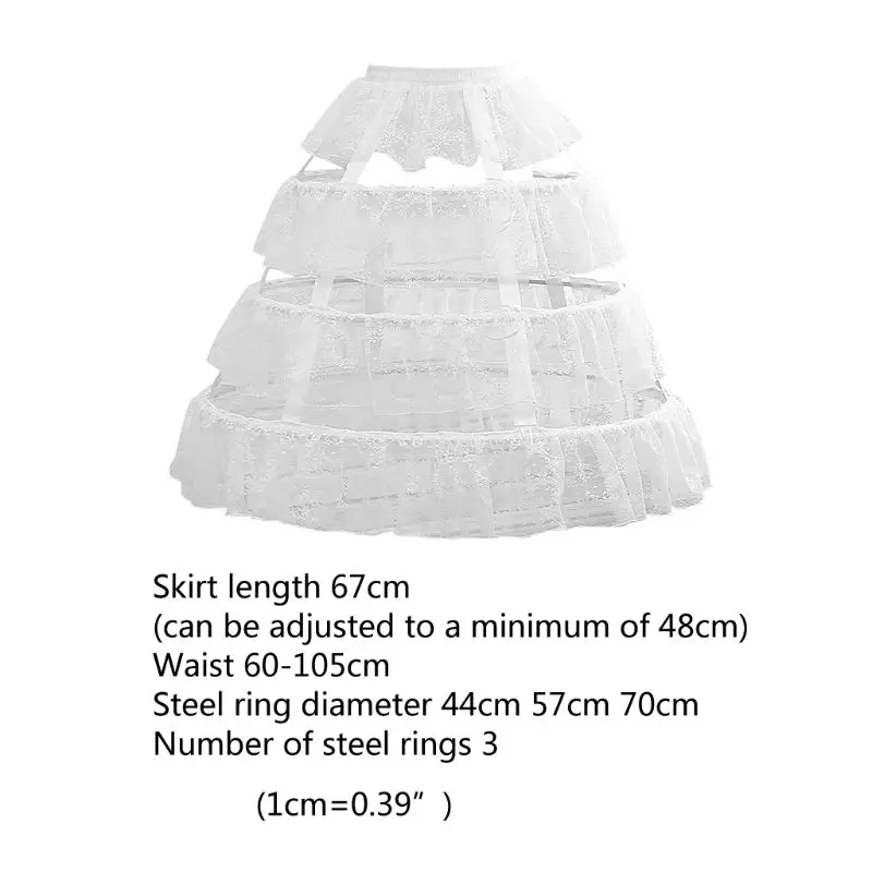 Womens Wit 3 Hoops Petticoat Rok Ruches Bloemen Kant Verstelbare Trekkoord Onderrok Lolita Cosplay Jurk Crinoline