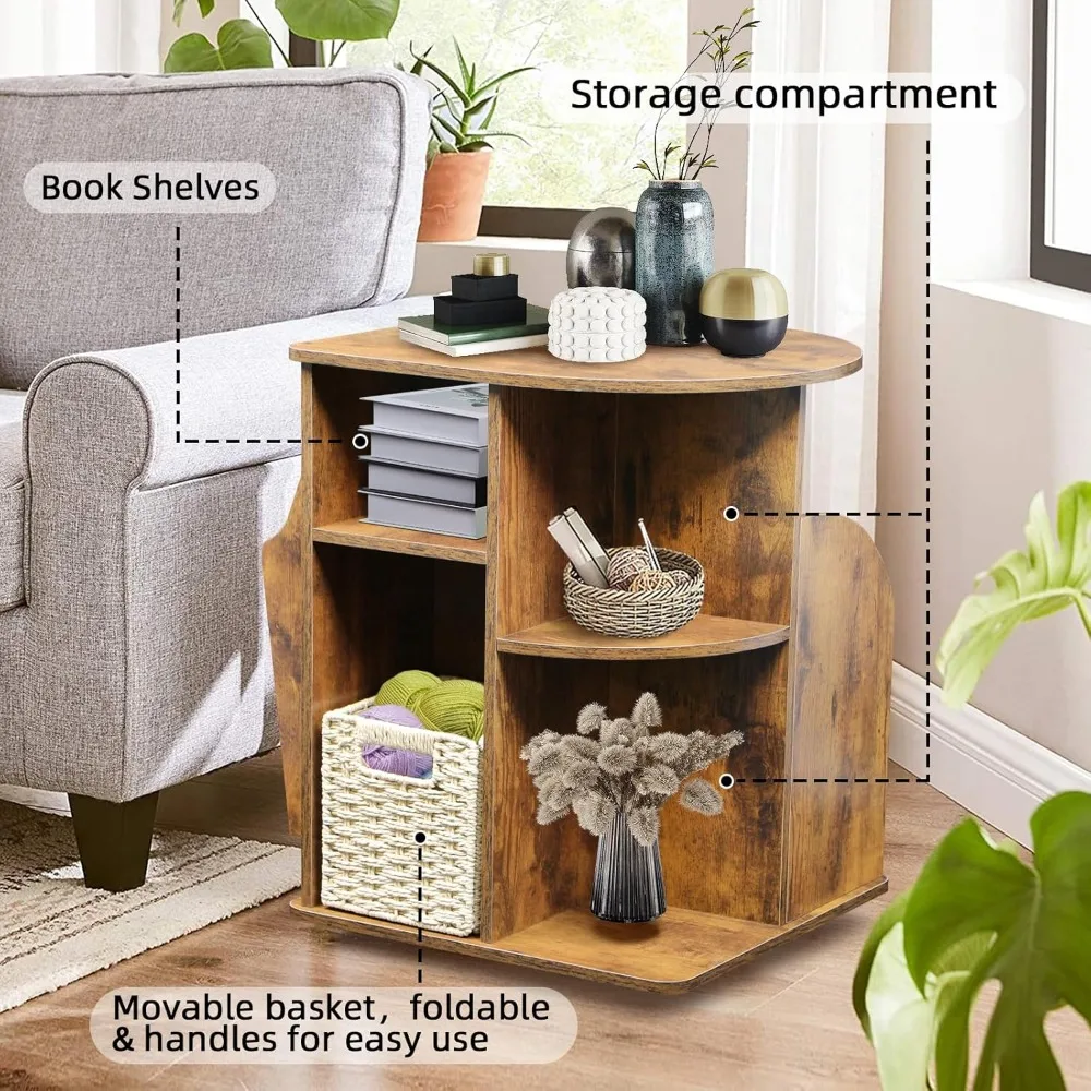TooCust Rotating End Table with Storage, Rotating Side Table Living Room, Side Table with Magazine Holder, Basket and Cabinet, S