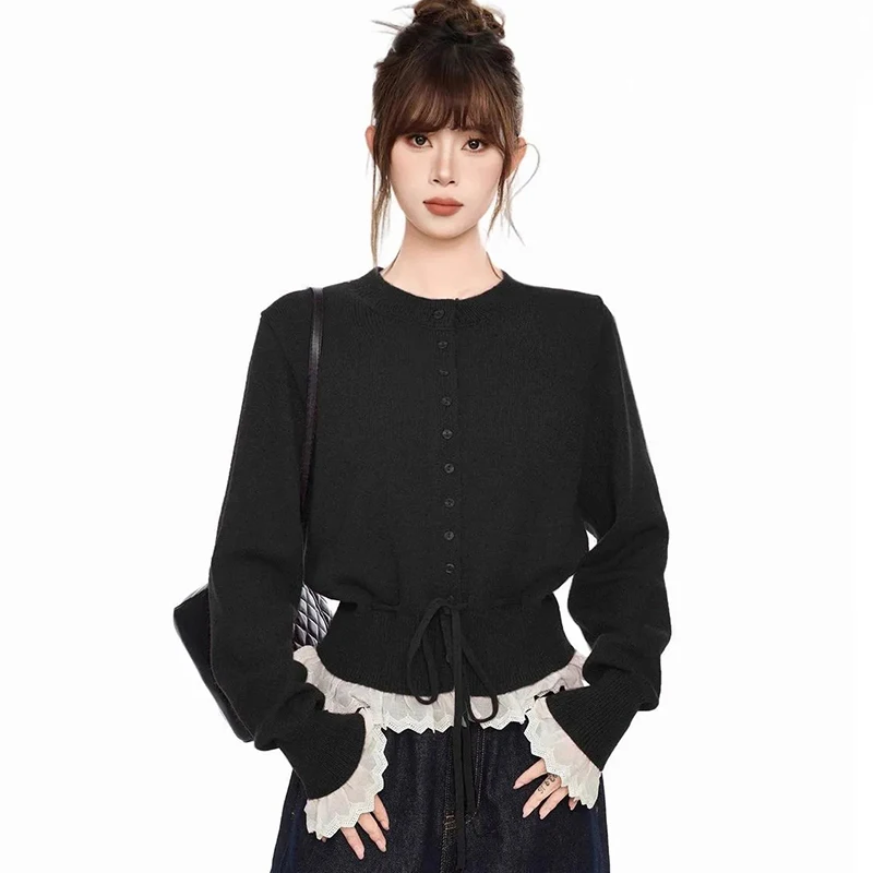Women Coquette Cardigan Contrast Lace Trim Knit Sweater Drawstring Waist Black Cropped Long Sleeve Button Down Cute Y2K Top