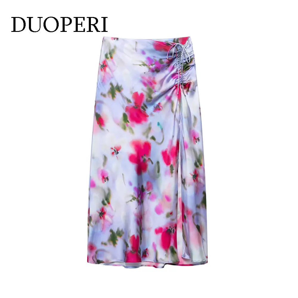 DUOPERI Women Fashion 2025 New Printed Pleated Lace Up Front Slit Midi Skirt Sexy Side Zipper High Waist Female Chic Lady Skirts
