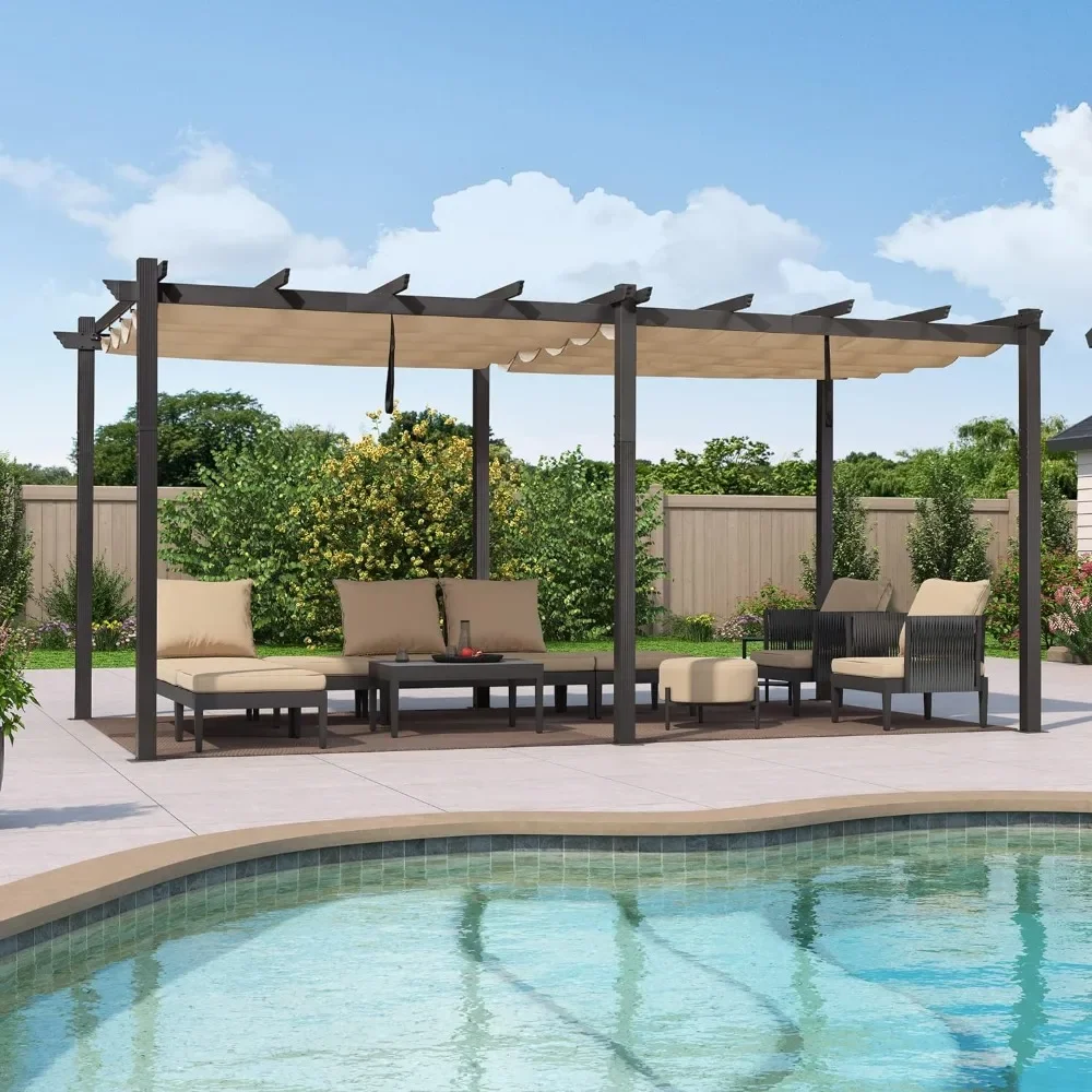 Outdoor Pergolas,12' X 18' Outdoor Retractable Aluminum Pergola with Sun Shade Canopy, Outdoors Garden Gazebos