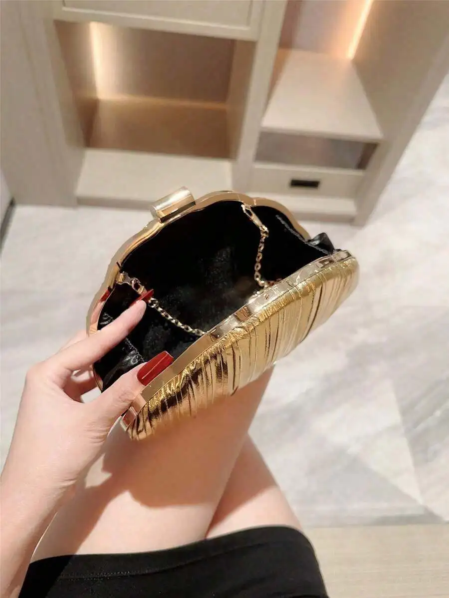 Elegant Gold Pleated Metal Frame Clutch With Chain Strap For Evening Party Prom Formal Occasions Women