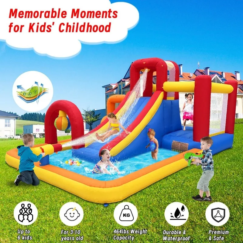 Water Park Bounce House com Blower, Splash Pool, canhão, parede de escalada, Blow Up Mobiliário Pátio, 2 Slides, 10 em 1