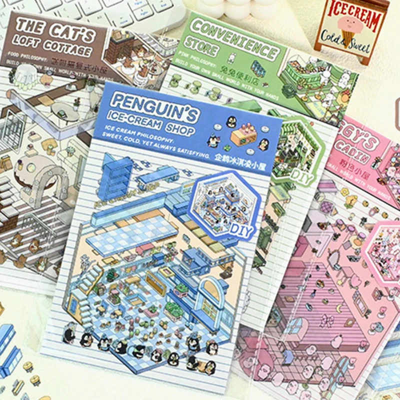 1Set 3D Sticker DIY Cabin Scene Stacking Three-dimensional Cute Cartoon Children Stickers DIY Hand Account Stickers Gifts