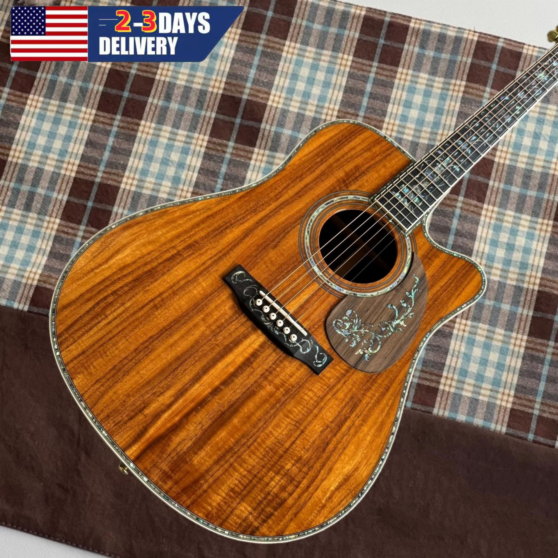 New Arrival Launch Brown D-45 Corner Cut Design Acoustic Guitar Full KOA Ebony Large Vase Inlaid Fingerboard Suitable As Gift Instrument