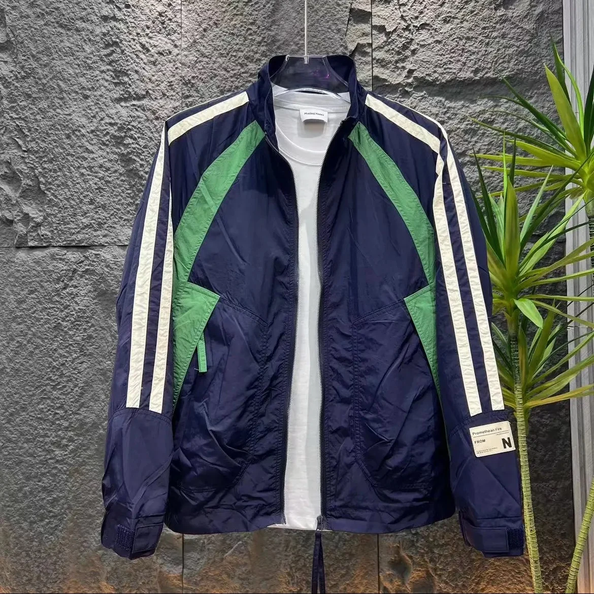 

Spring Autumn Men's Faion Brand Stand Collar Striped Splicing Workwear Jaet Youth Versatile Trendy Windbreaker Coat