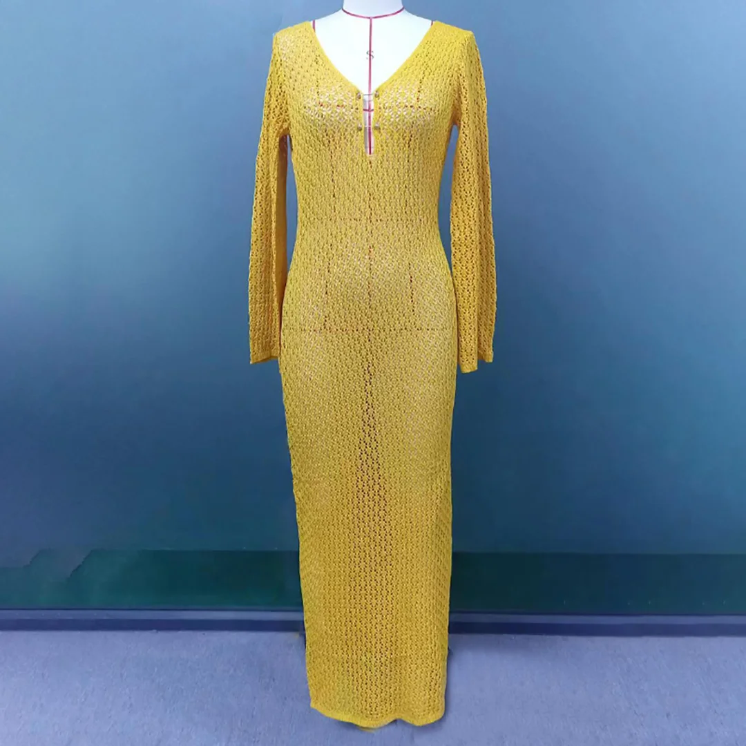 8 Farben, V-Ausschnitt, langärmeliges, gehäkeltes, gestricktes Tunika-Strandkleid, Strandmode, Strandbekleidung, Strand-Cover-up, Damen, V5046 – Detail 23