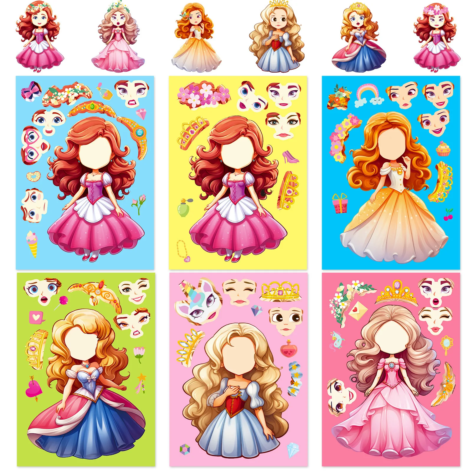 6 Sheets Princess Dress-Up DIY Stickers for Kids Create-A-Face Sticker Pad Make Your Own Girls Puzzle Jigsaw Party Supplies