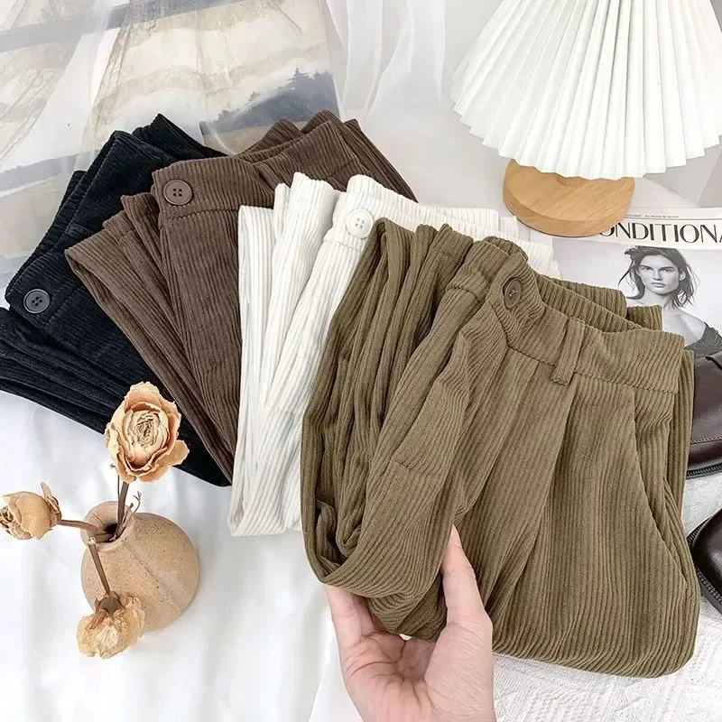 Lucyever Women Vintage Corduroy Pants High Waist Brown Wide Leg Pants Female Korean Fashion Baggy All Match Straight Trousers