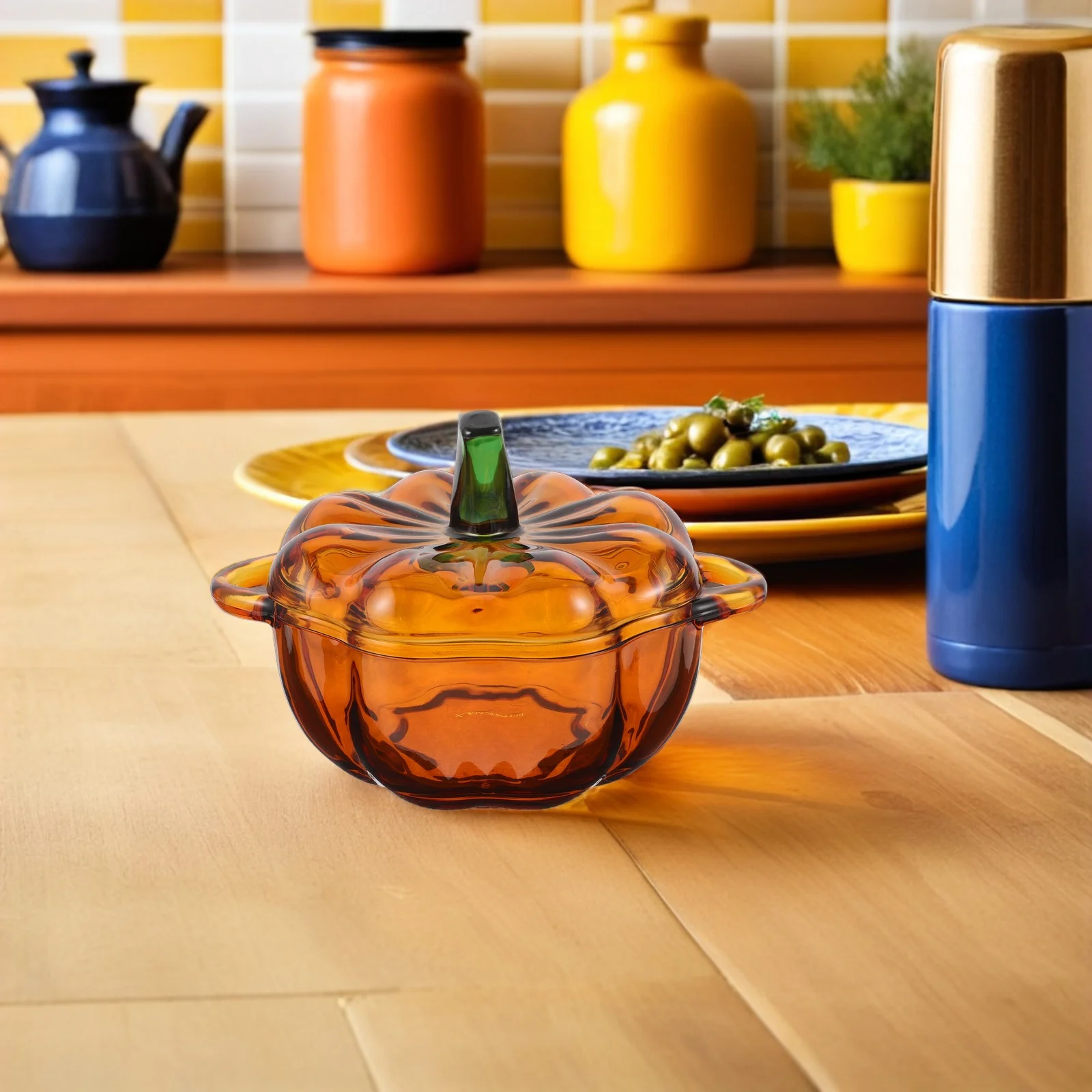 جرة حلوى اليقطين الزجاجية الملونة غطاء مزخرف حاوية تخزين الوجبات الخفيفة حفلة المنزل استخدام جرة اليقطين الزجاجية علب الخريف