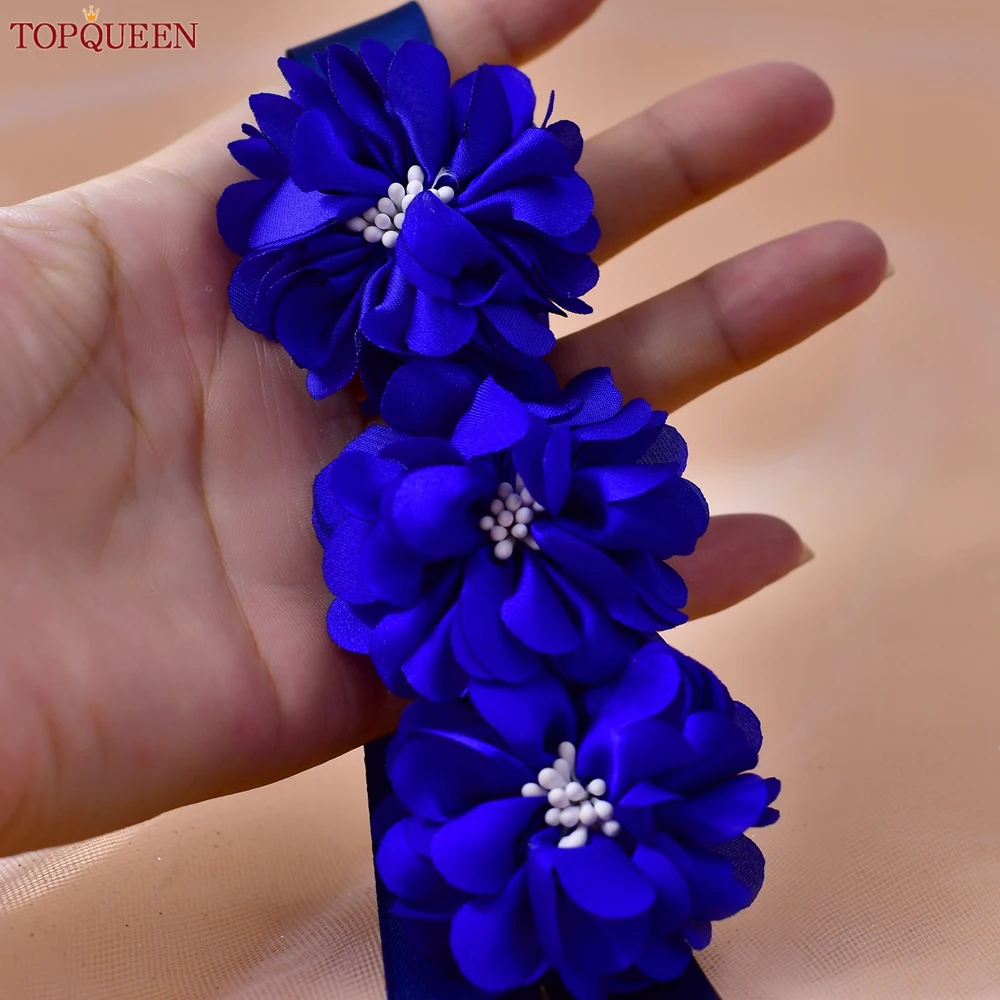 TOPQUEEN Elegant Handmade Flower Sash Blue Fashion Wedding Sash Bridal Satin Sash Party Sash Bridesmaid Dresses Accessories S140