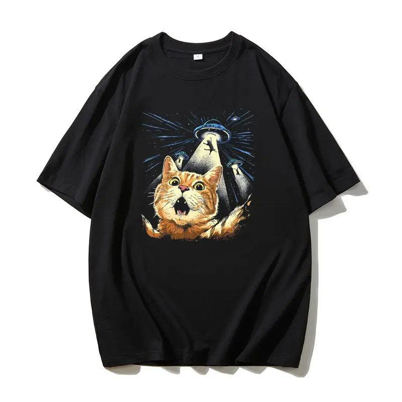 Camiseta UFO Kidnapping Cat Fun divertida nave espacial alienígena Rétro Pour Hommes En Coton Ample Pour Manches Courtes transpirable