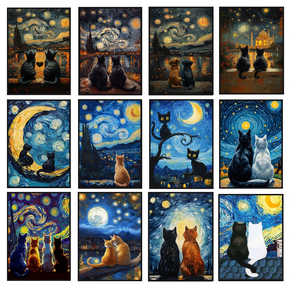 Póster Artístico del Famoso Maestro Van Gogh, Impresión en Lienzo de la Noche Estrellada y el Gato de Van Gogh, para Decoración de Paredes, Sin Marco