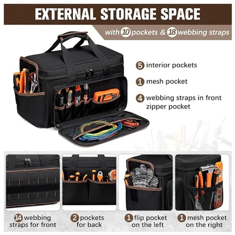 VOFUN-17 Inch Large Capacity Tool Bag For Electrician- Portable 20 Pocket Storage Kit Featuring Shoulder Strap Wide Mouth Design