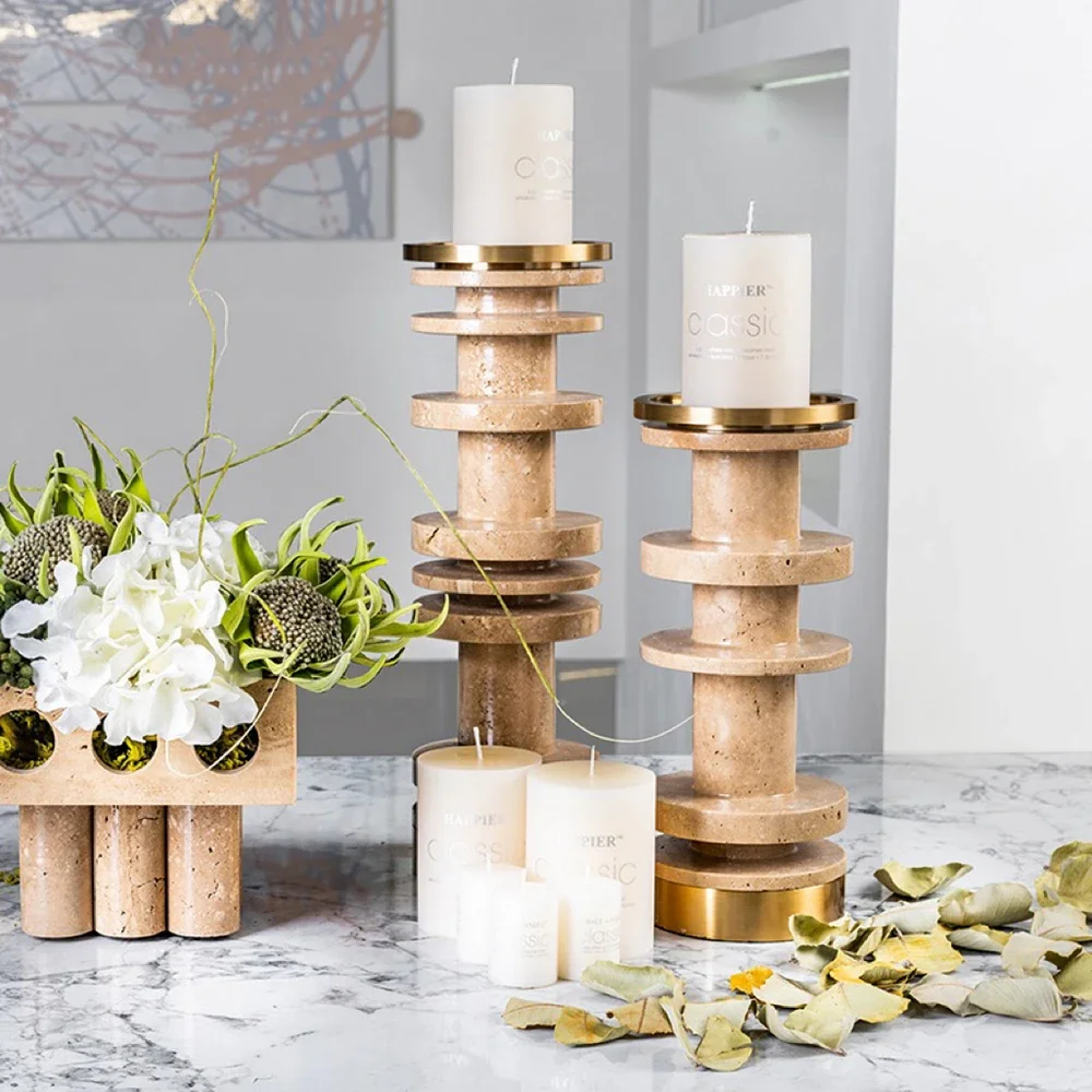 Beige Brown Travertine Candle Holder Luxury Home Decorations Marble Candlestick with Metal Base