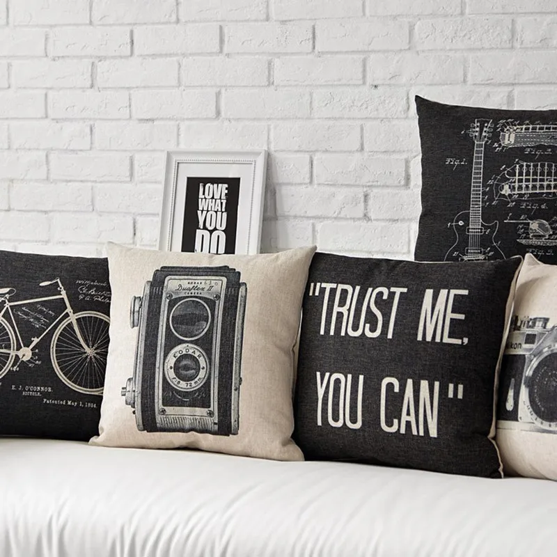 Vintage Black White Camera Bicycle Guitar Printed Cotton Linen Pillow Case Decorative Sofa Car Chair Home Decor Cushion Cover